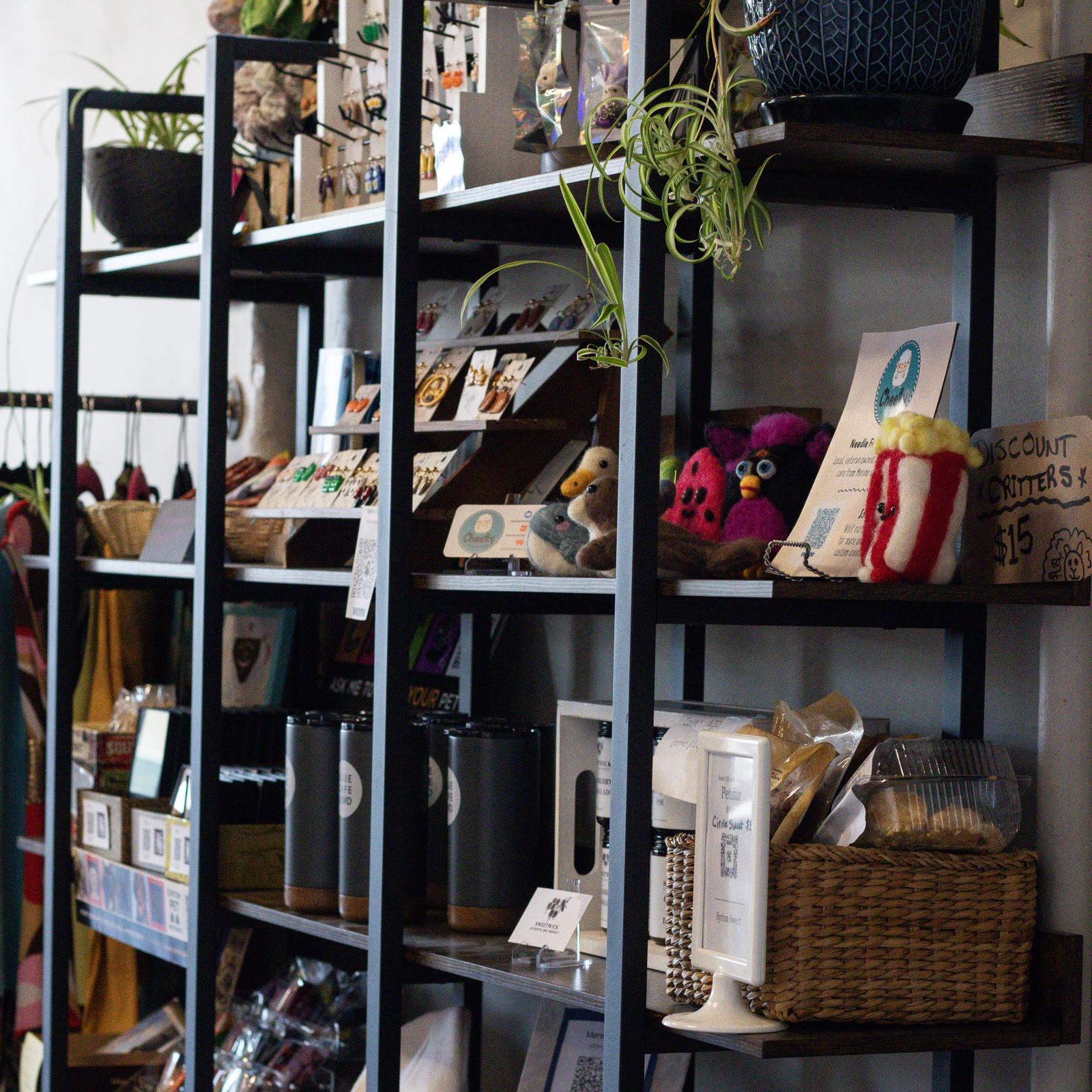 Shelves of jewelry, felted figures, knit goods, and plants from local makers inside the Blue Café.